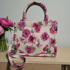 Express Floral Canvas Cream & Pink Top Handle Crossbody Mini Tote NWT